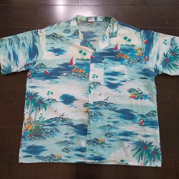 Vintage 80s Beach Print Button Down Shirt XL - Picture 2 of 8